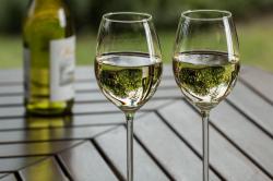 2 Gläser Weißwein mit gespiegeltem Garten.